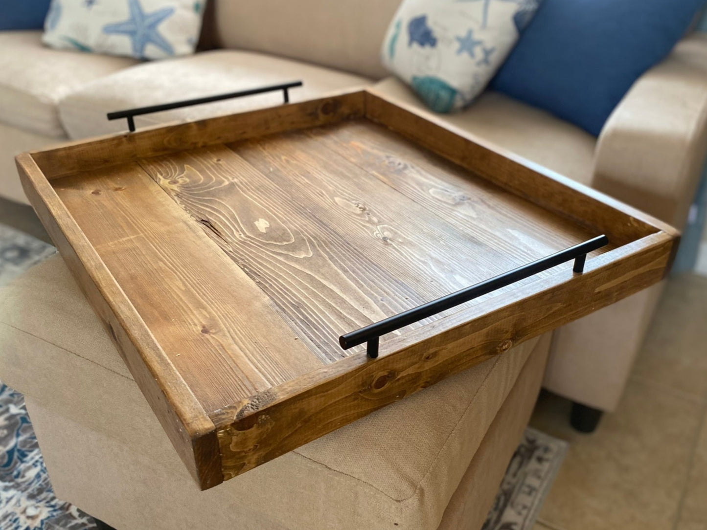 18" x 18" - Rustic Farmhouse Ottoman Tray - Deep Rim