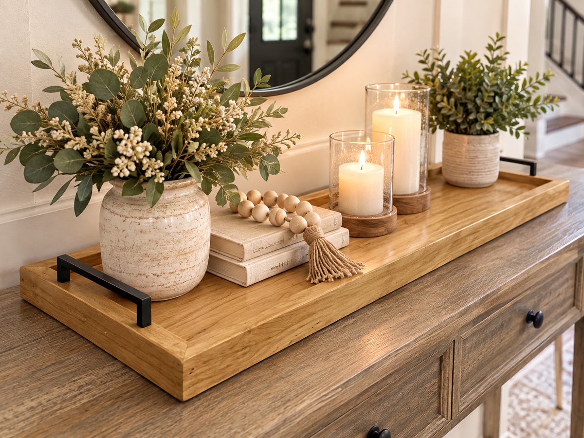 Golden Oak Modern Mid Century Long Wooden Tray